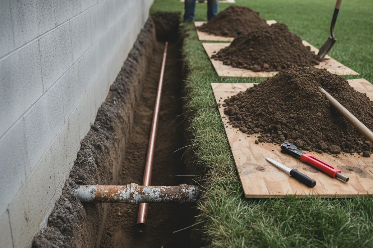 Excavated water line trench during Water Softener Installation in Orangeville